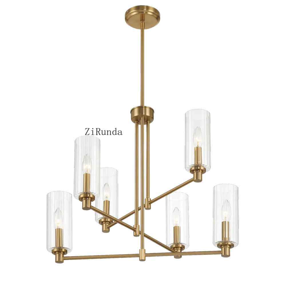 Timeless Six Lights Chandelier With Clear Ribbed Glass - Satin Brass