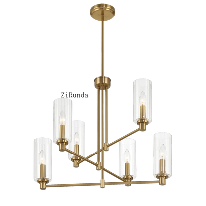 Timeless Six Lights Chandelier With Clear Ribbed Glass - Satin Brass