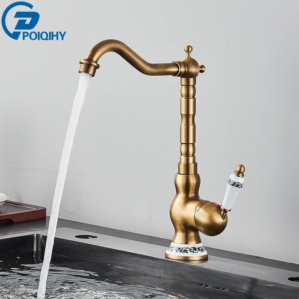 Antique Brass Rotating Spout Bathroom Faucet