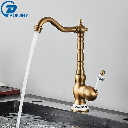 Antique Brass Rotating Spout Bathroom Faucet