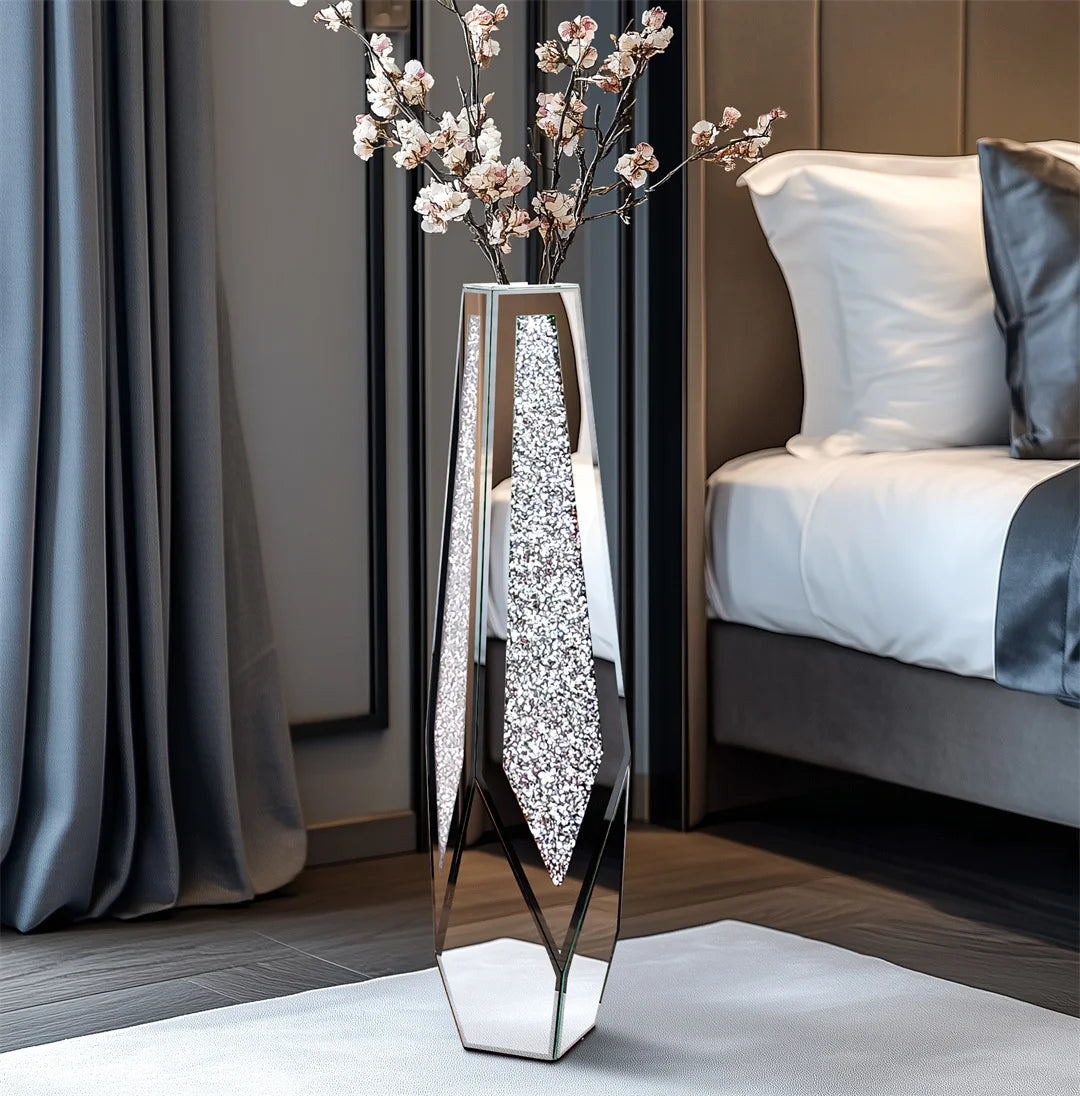 34” Tall Standing Crushed Diamond Mirrored Silver Glass Decorative Flower Vase