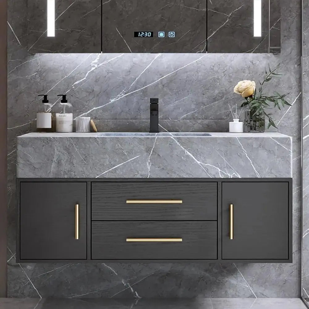 39.3" Modern Wall-Mounted Floating Bathroom Vanity Set,  Vanity with Sintered Stone Countertop, Undermount Sink & Walnut Finish