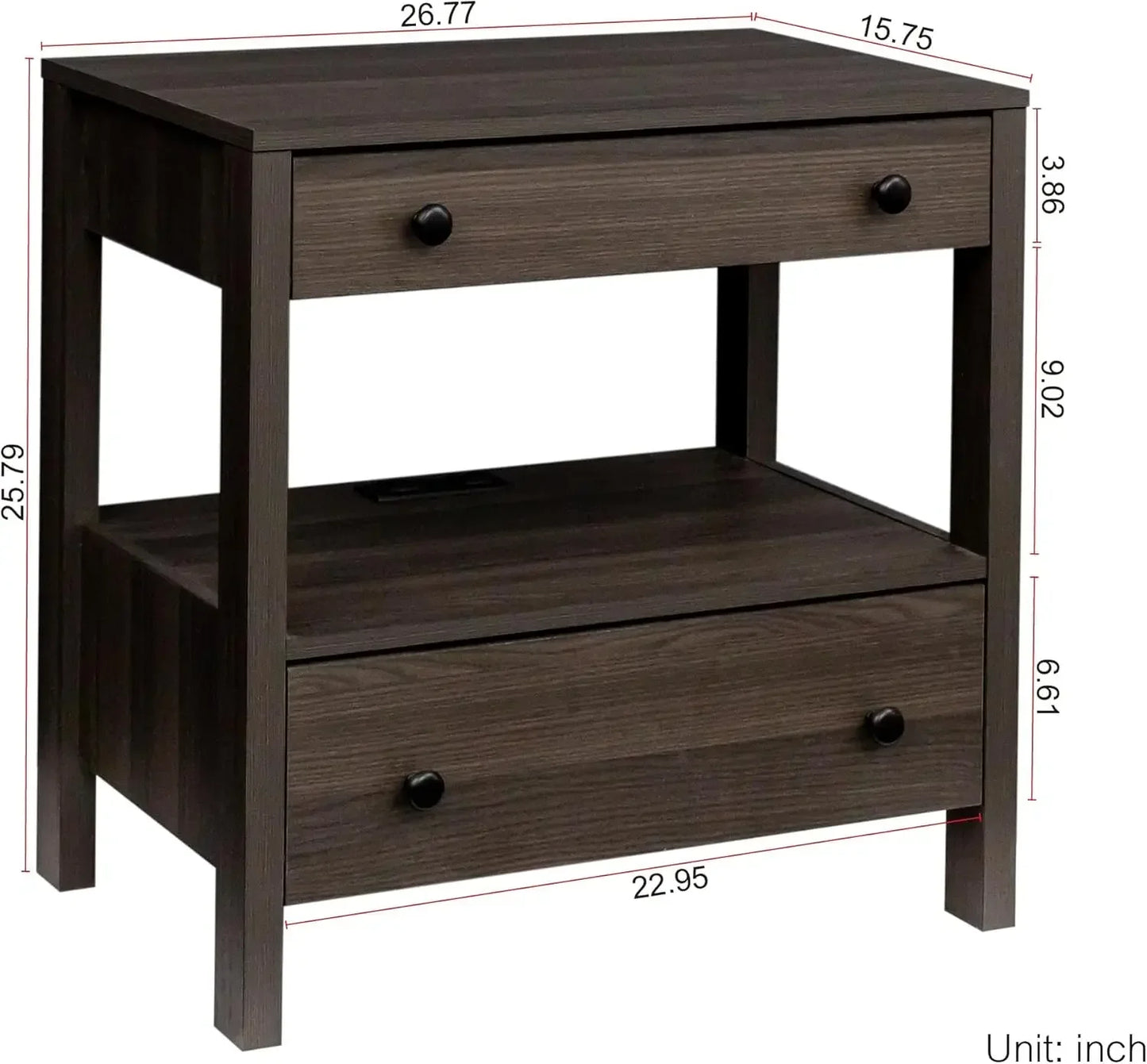 Modern 2 Drawer Wooden Nightstand with Charging Station