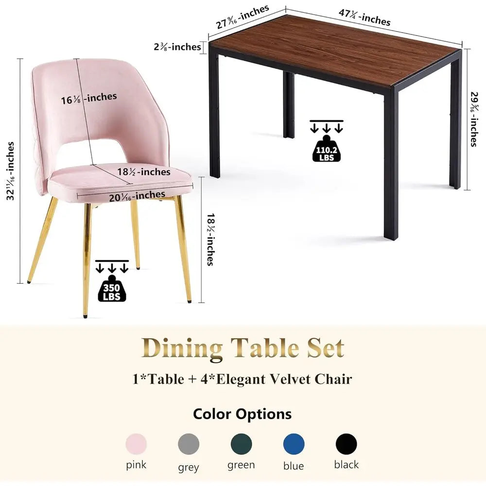 47" Walnut Sturdy Metal Frame Table with 4 Velvet Upholstered Dining Chairs