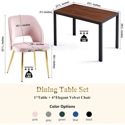 47" Walnut Sturdy Metal Frame Table with 4 Velvet Upholstered Dining Chairs