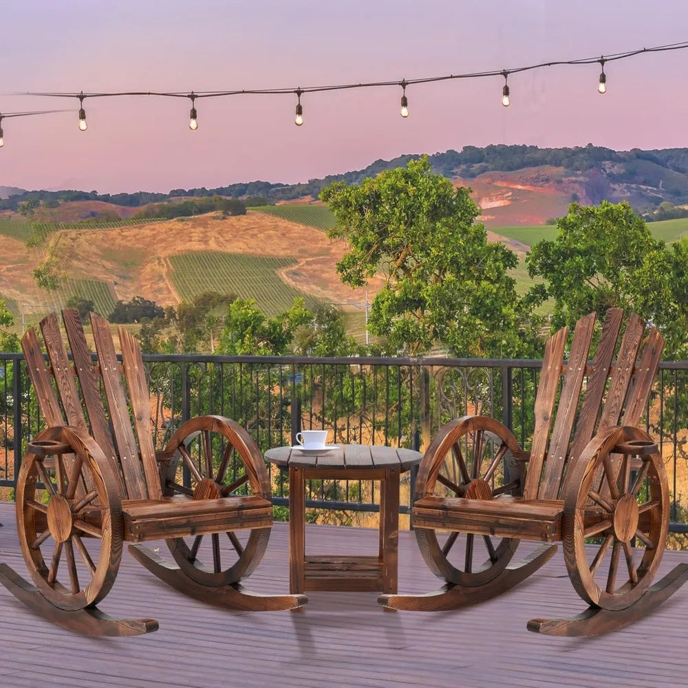 Outdoor Wooden Wagon Wheel Rocking Chairs Set