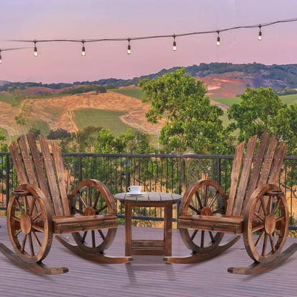 Outdoor Wooden Wagon Wheel Rocking Chairs Set