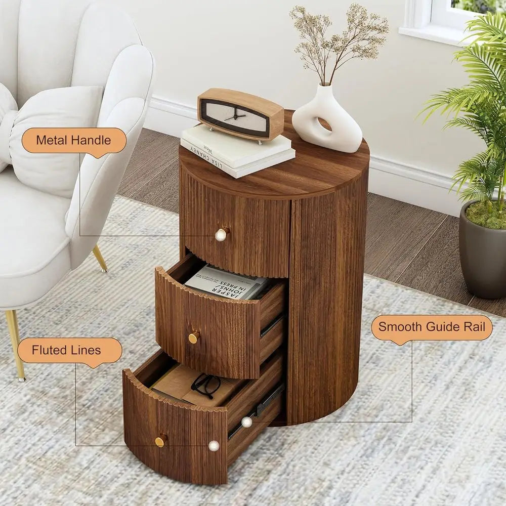 2-Piece Walnut Round Nightstand End Table with 3 Storage Drawers, 15.75 for Living Room,  Drawer for Bedroom,  Sofa Side Table Set