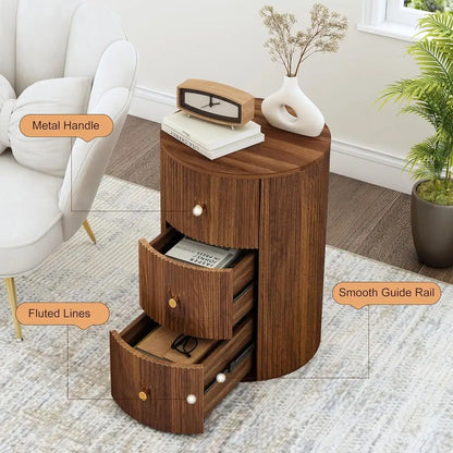 2-Piece Walnut Round Nightstand End Table with 3 Storage Drawers, 15.75 for Living Room,  Drawer for Bedroom,  Sofa Side Table Set