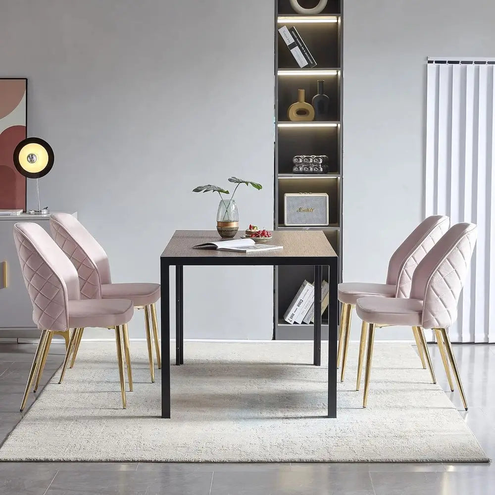 47" Walnut Sturdy Metal Frame Table with 4 Velvet Upholstered Dining Chairs