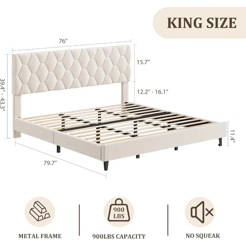 Beige King-Size Upholstered Headboard Bed Frame