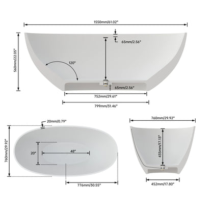 61" Oval Matte Pink Stone Resin Freestanding Bathtub
