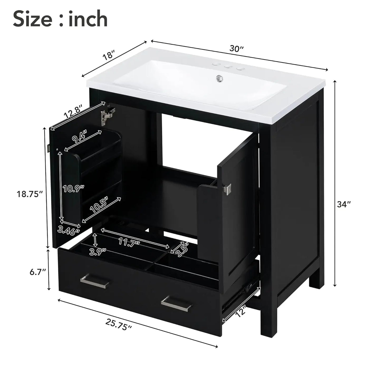30" Bathroom Vanity Single Sink Cabinet Undermount