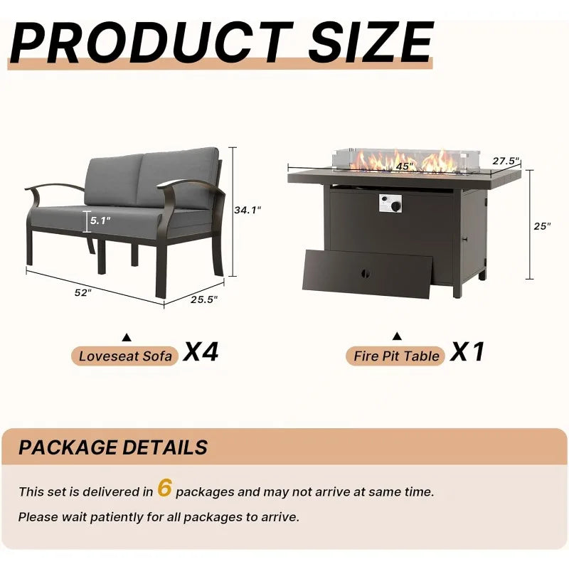 Modern Metal Patio Furniture 8-Seat w/45in Propane Fire Pit