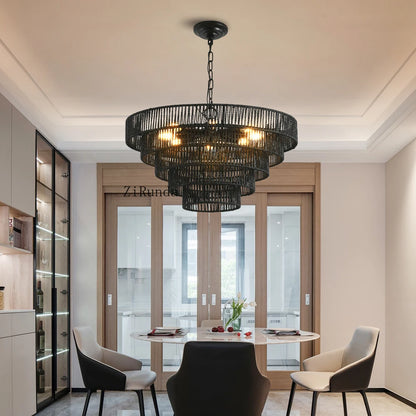 24" Rustic 5-Tier Black Hemp Rope Pendant Light Chandelier