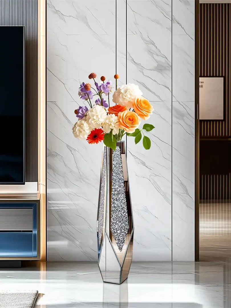 34” Tall Standing Crushed Diamond Mirrored Silver Glass Decorative Flower Vase
