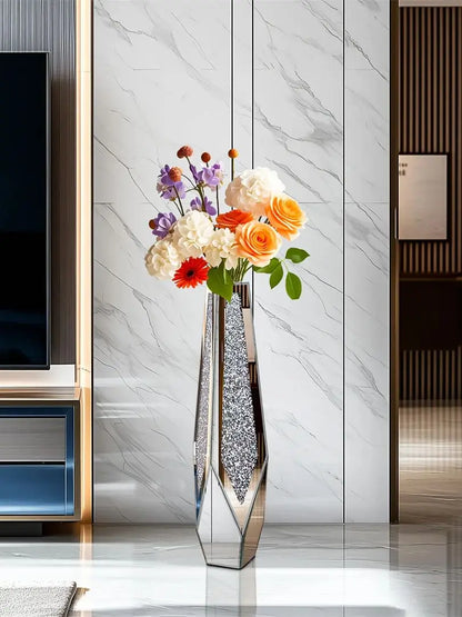 34” Tall Standing Crushed Diamond Mirrored Silver Glass Decorative Flower Vase