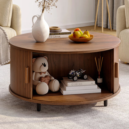 Round Fluted Wood Coffee Table with Storage