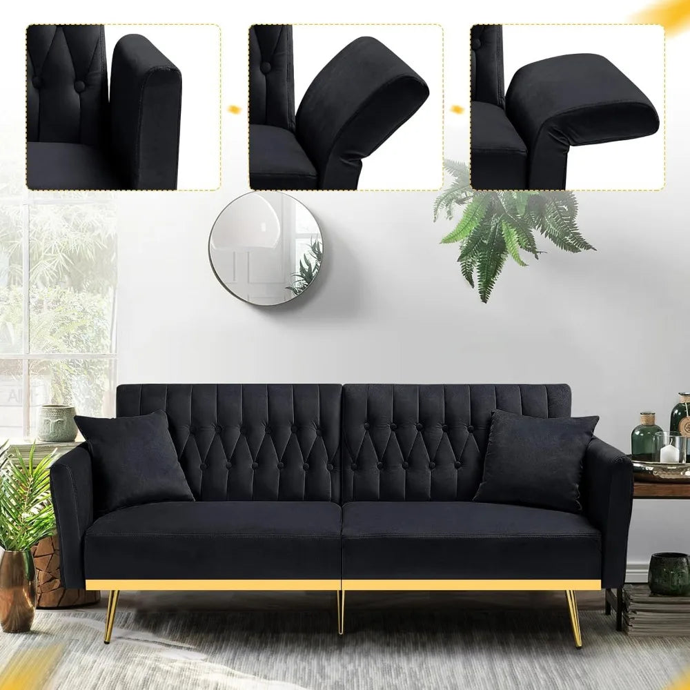 70” Velvet Futon Sofa Bed with 2 Pillows and Adjustable Armrests