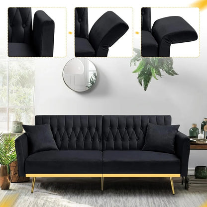 70” Velvet Futon Sofa Bed with 2 Pillows and Adjustable Armrests