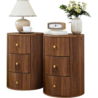 2-Piece Walnut Round Nightstand End Table with 3 Storage Drawers, 15.75 for Living Room,  Drawer for Bedroom,  Sofa Side Table Set