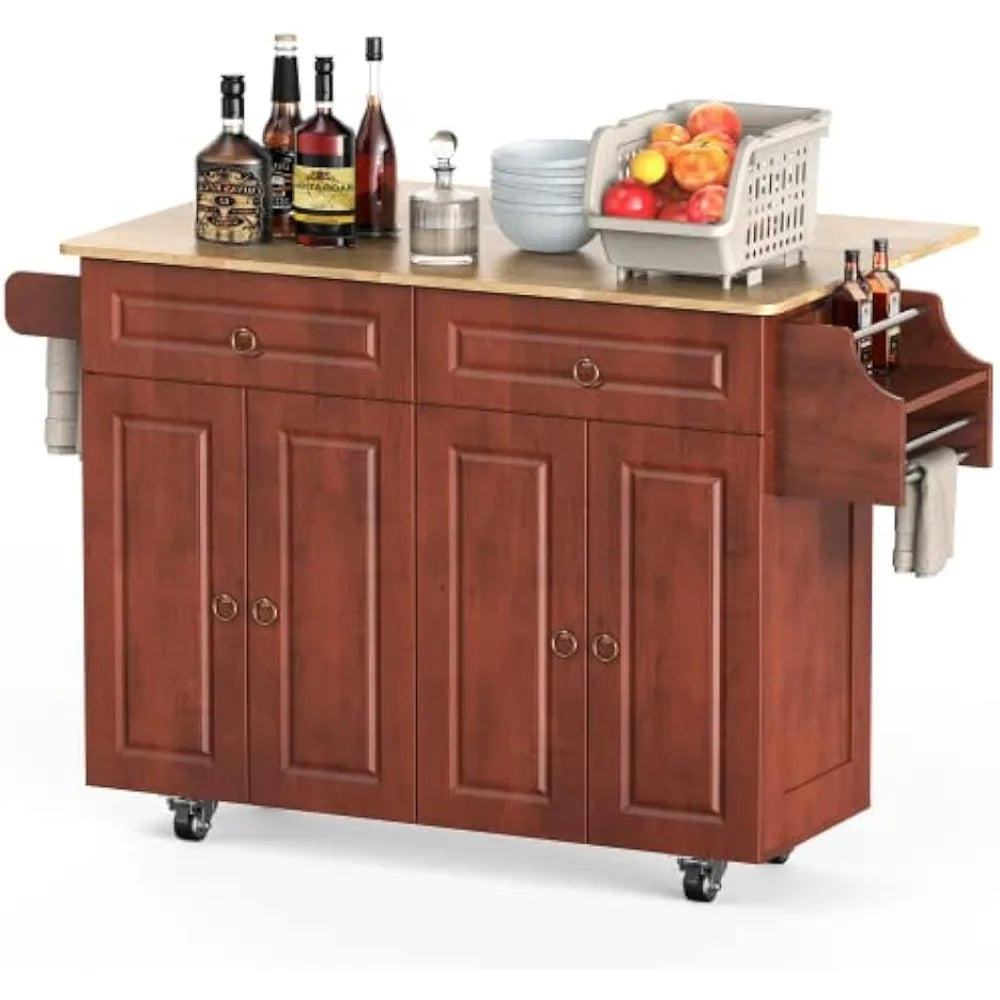 Wood Kitchen Island Cart with Drop Leaf Countertop