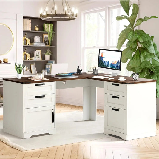 Farmhouse L Shaped Office Desk with Drawers