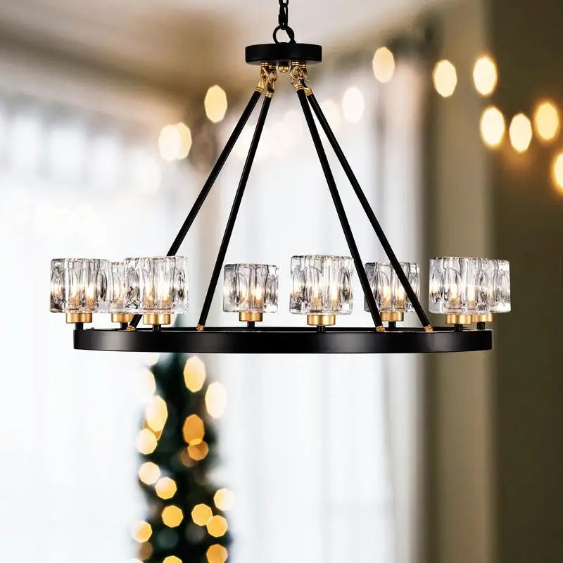 Matte Black & Gold Wagon Wheel Chandelier