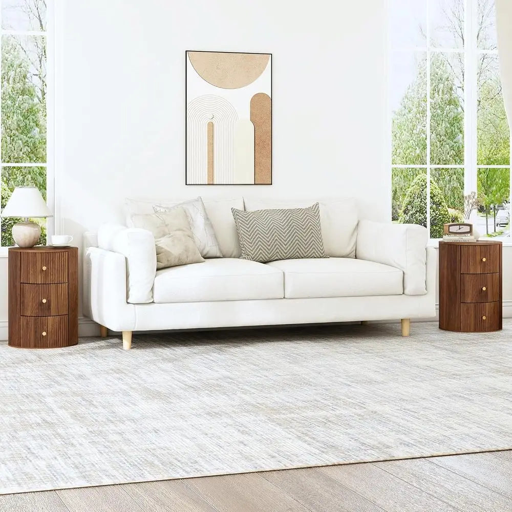 2-Piece Walnut Round Nightstand End Table with 3 Storage Drawers, 15.75 for Living Room,  Drawer for Bedroom,  Sofa Side Table Set