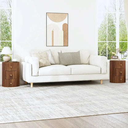 2-Piece Walnut Round Nightstand End Table with 3 Storage Drawers, 15.75 for Living Room,  Drawer for Bedroom,  Sofa Side Table Set