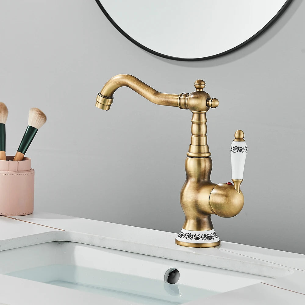 Antique Brass Rotating Spout Bathroom Faucet