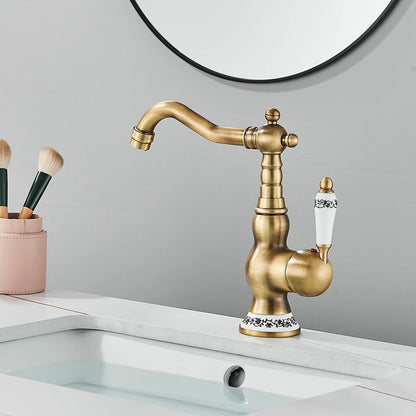 Antique Brass Rotating Spout Bathroom Faucet