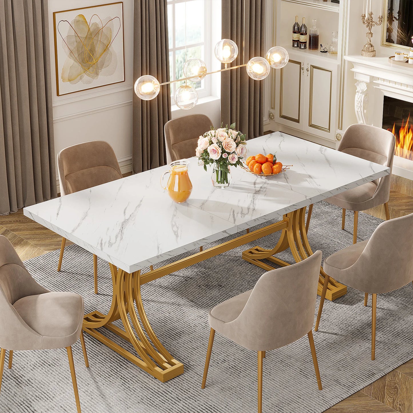 63 " Modern Faux Marble Rectangular Dining Table for 4 to 6