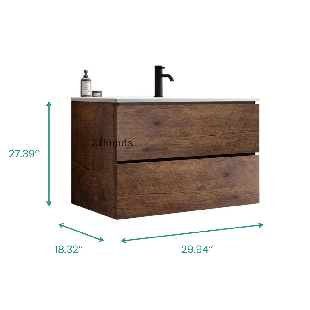 Wall Mounted 30 " Walnut Bathroom Vanity with Ceramic Sink