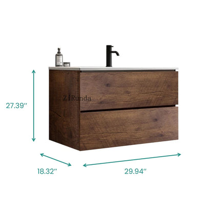 Wall Mounted 30 " Walnut Bathroom Vanity with Ceramic Sink