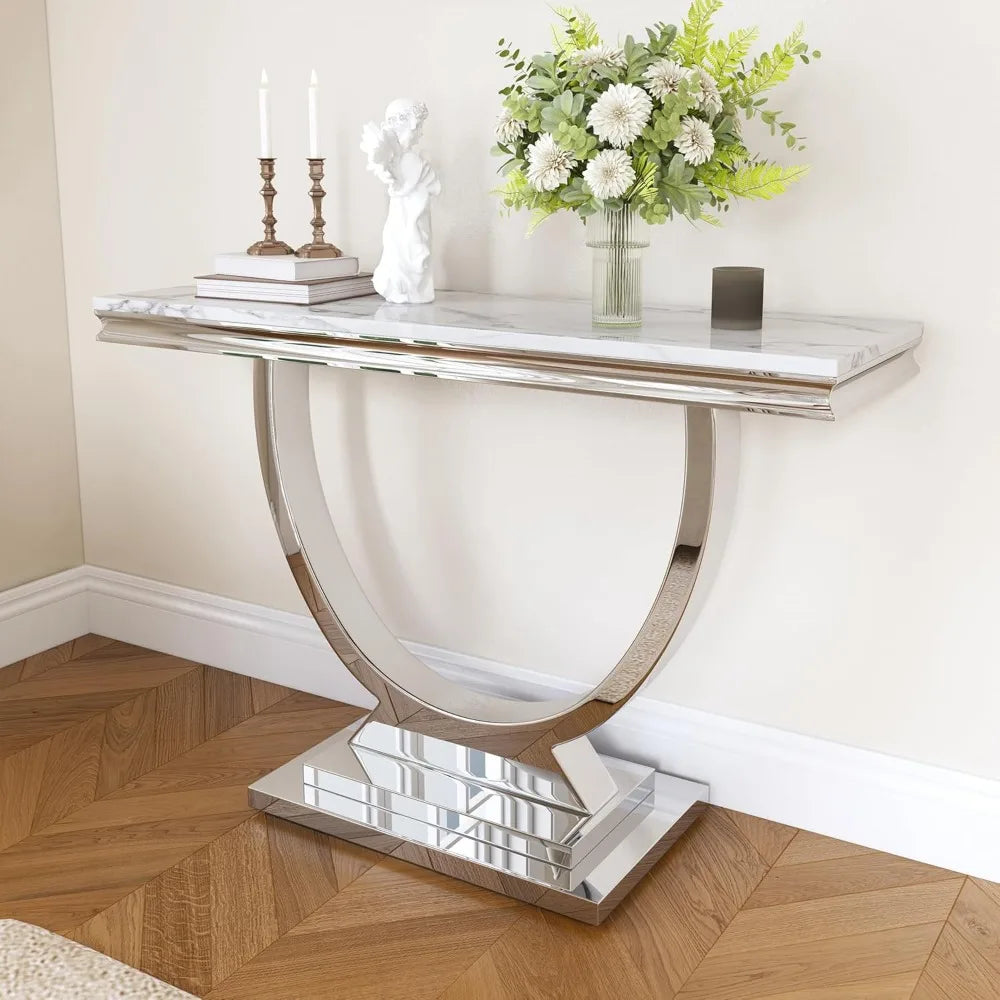 Modern Rectangular Entryway Table w/ White Faux Marble