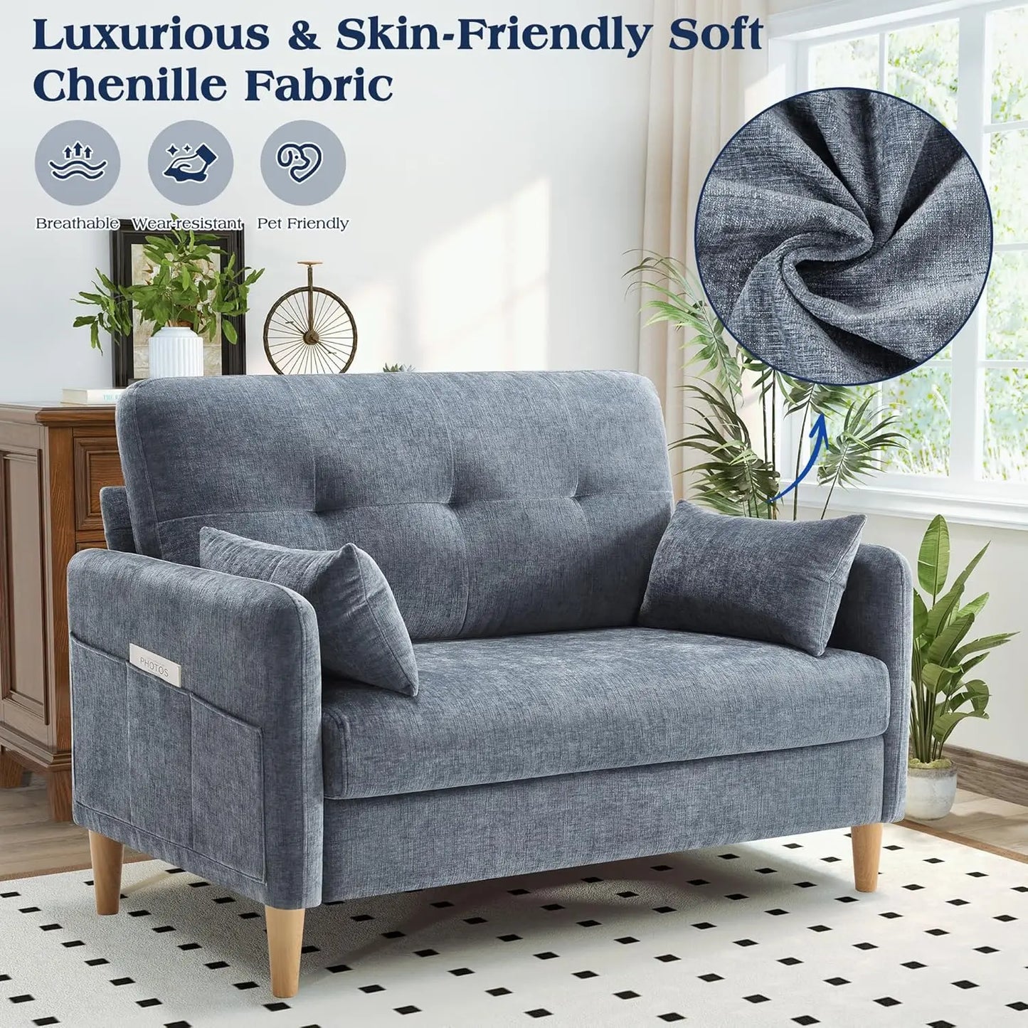 Comfy Chenille Fabric Love Seat for Bedroom with Throw Pillow