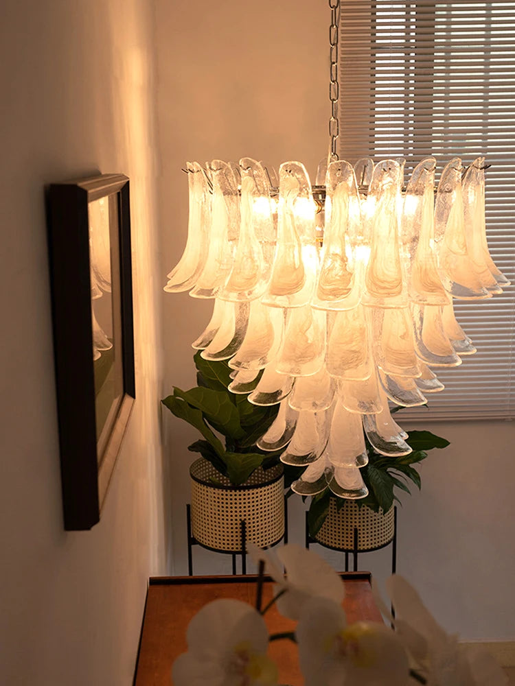 Cloudy White Glass Flower Petal Vintage Chandelier