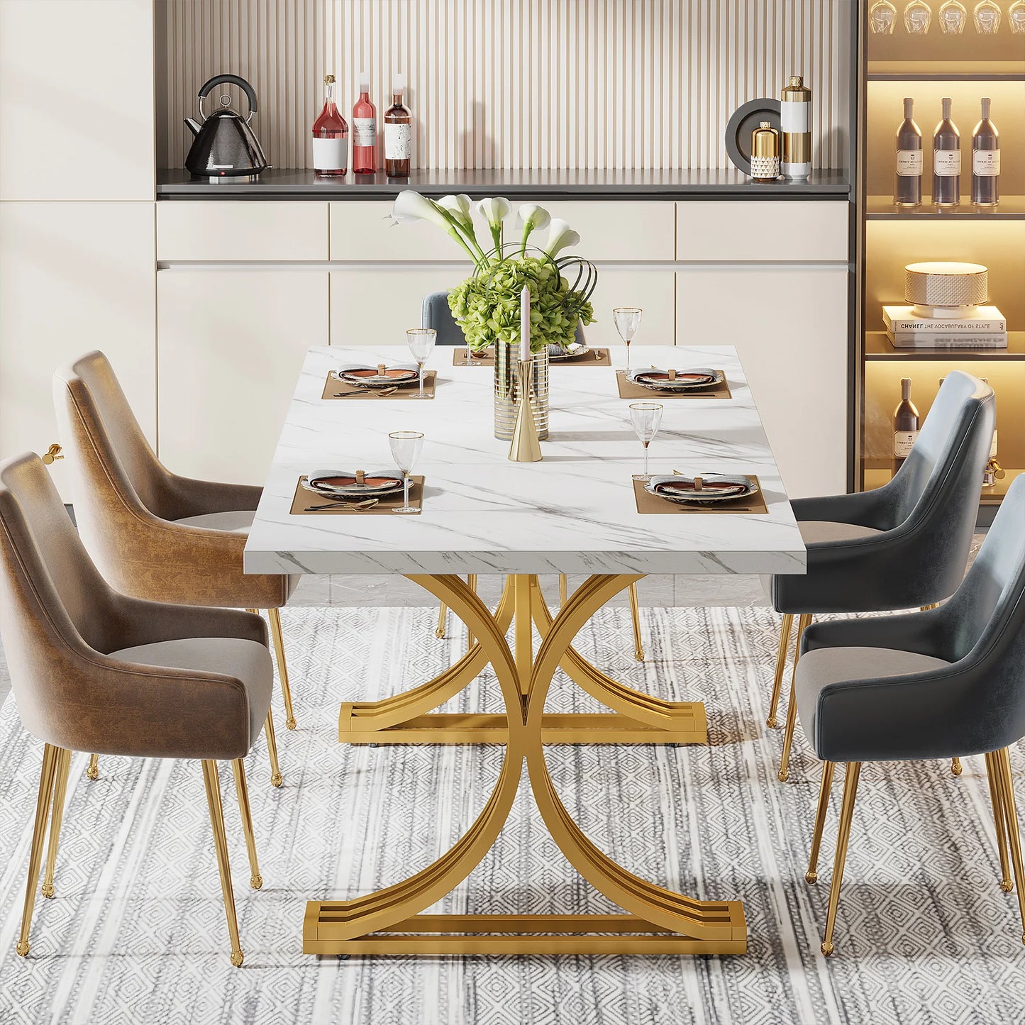 63 " Modern Faux Marble Rectangular Dining Table for 4 to 6