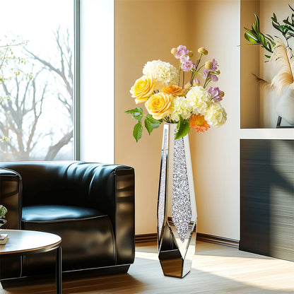 34” Tall Standing Crushed Diamond Mirrored Silver Glass Decorative Flower Vase