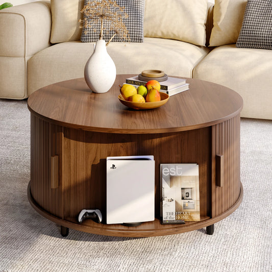 Round Fluted Wood Coffee Table with Storage