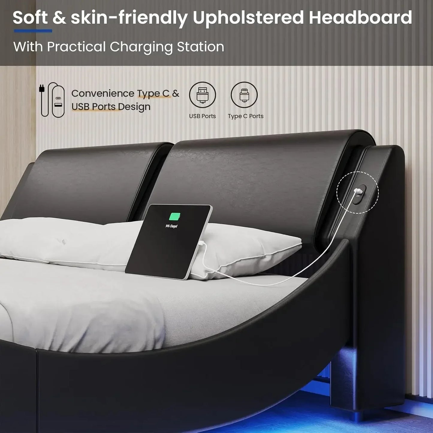 California King  Leather Platform Bed Frame w/ Led Lights