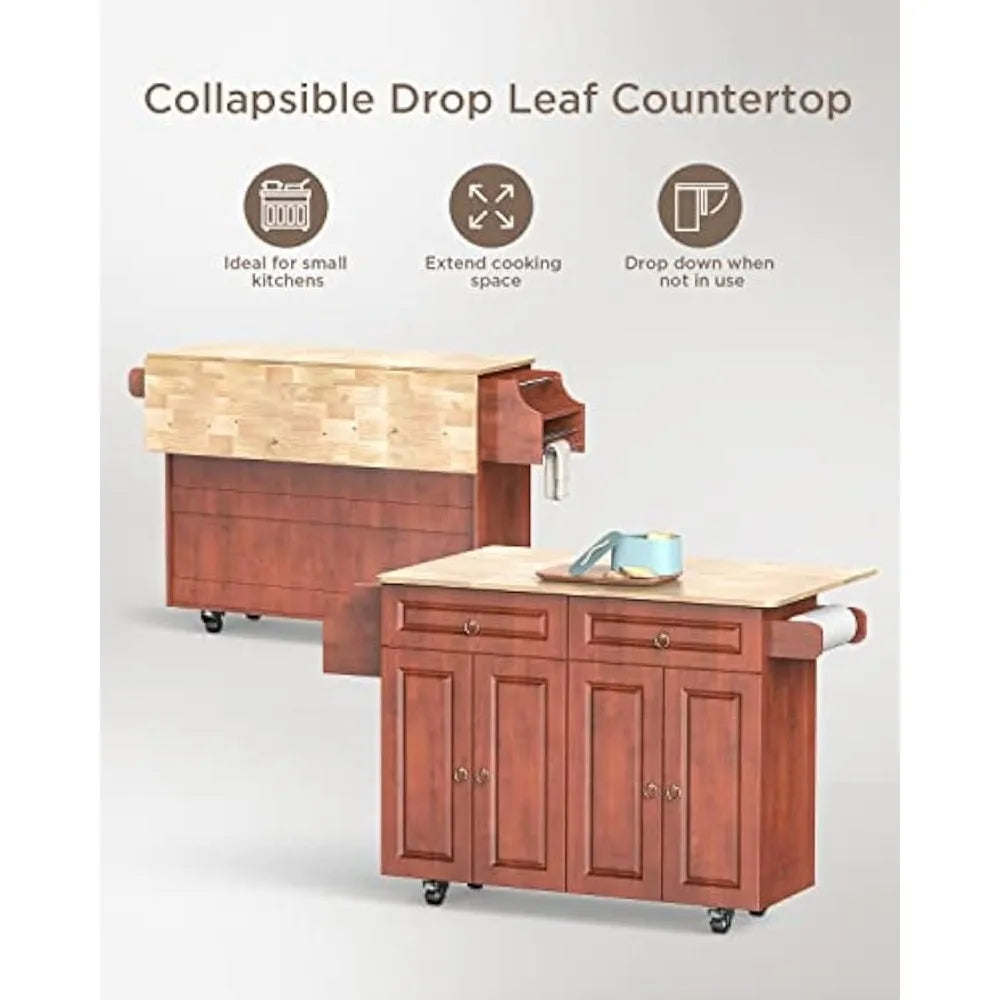 Wood Kitchen Island Cart with Drop Leaf Countertop