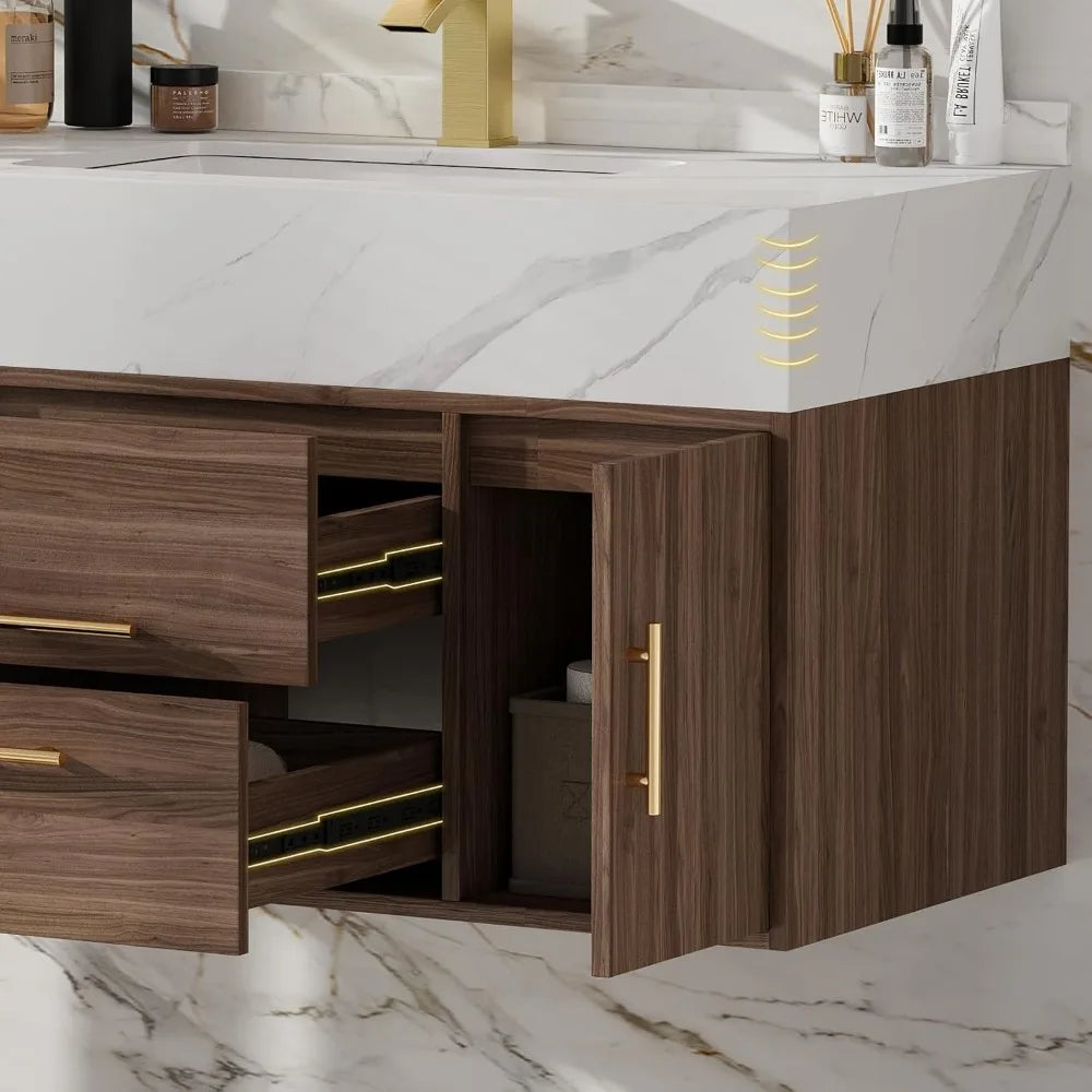 39.3" Modern Wall-Mounted Floating Bathroom Vanity Set,  Vanity with Sintered Stone Countertop, Undermount Sink & Walnut Finish