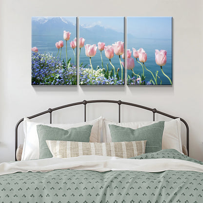 3 Panels Framed Pink Tulip Beside Sea Canvas Wall Art