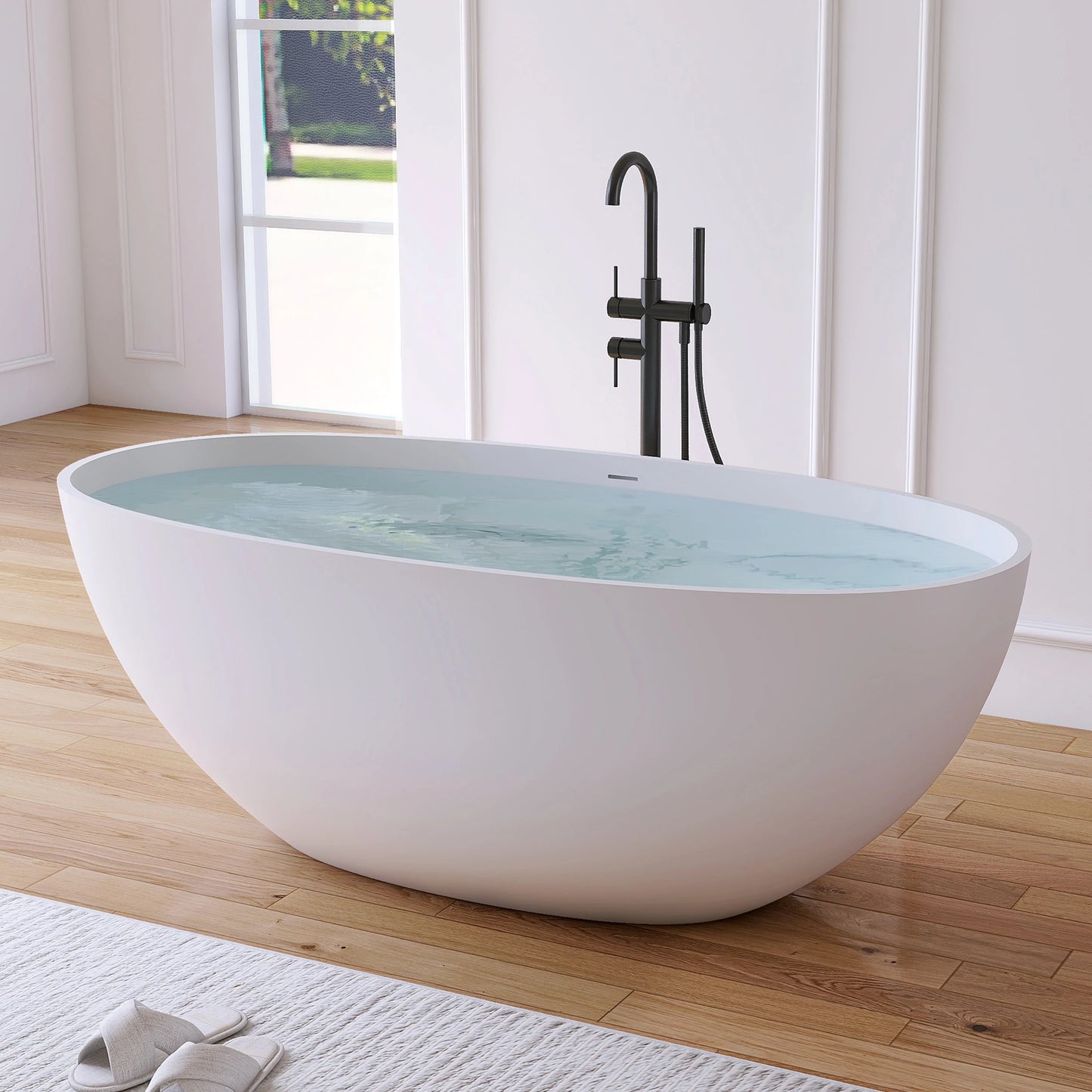 61" Oval Matte Pink Stone Resin Freestanding Bathtub