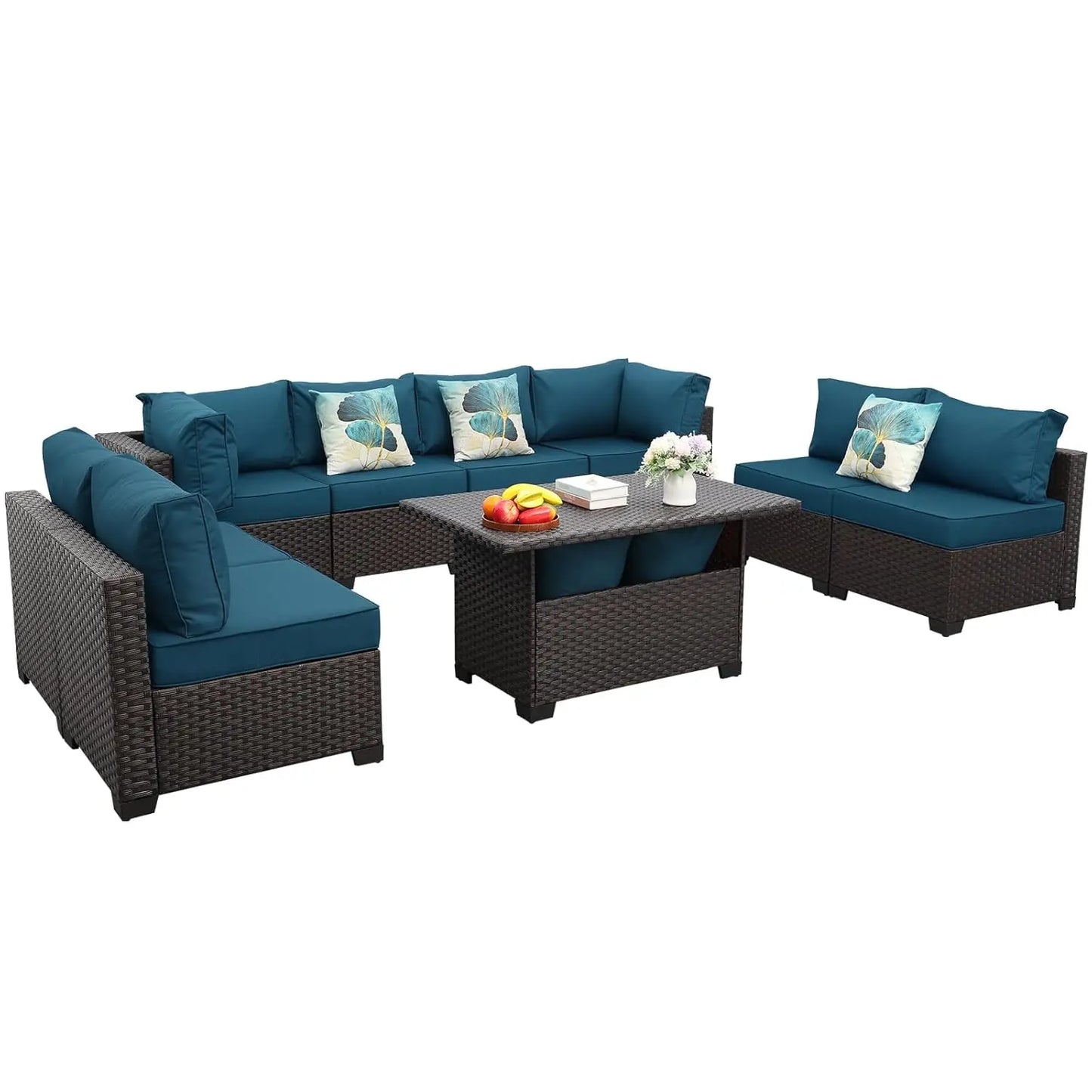 9 Pieces Peacock Blue Wicker Patio Furniture Set