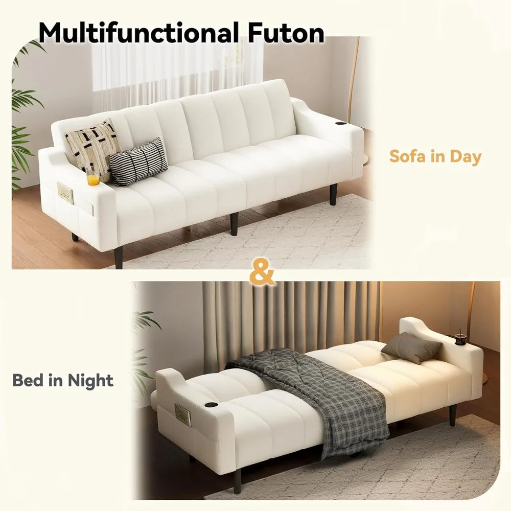 Mid-Century Modern Faux Leather Sleeper Sofa