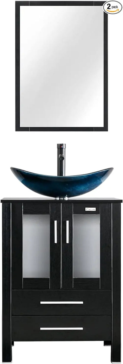 24" Modern Freestanding Blue Boat Glass Sink Combo Cabinet