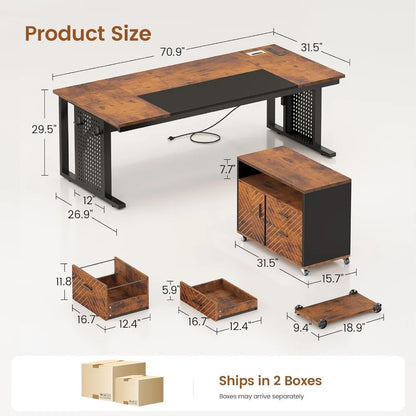 71" Rustic Brown L-Shaped Executive Desk with Rolling File Cabinet